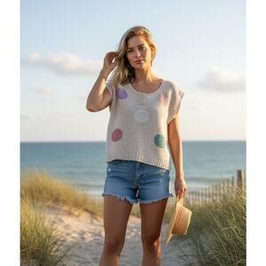 Vtg 80s Silk Blend Knit Summer Sweater Polka Dot Sz M Pink Artsy Teacher Retro